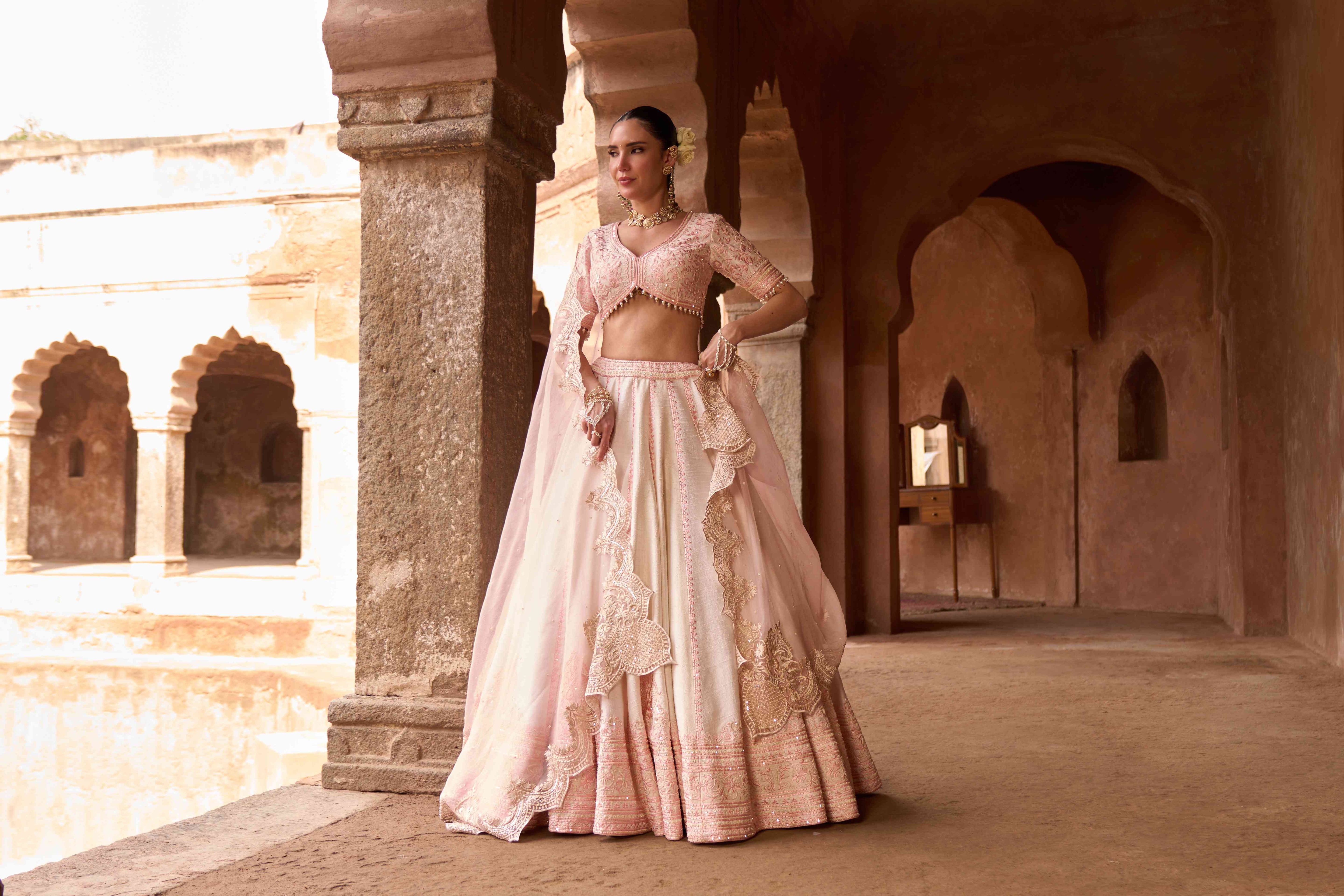 SAYEEDA - DAISY IVORY WITH PINK EMBROIDERED LEHENGA