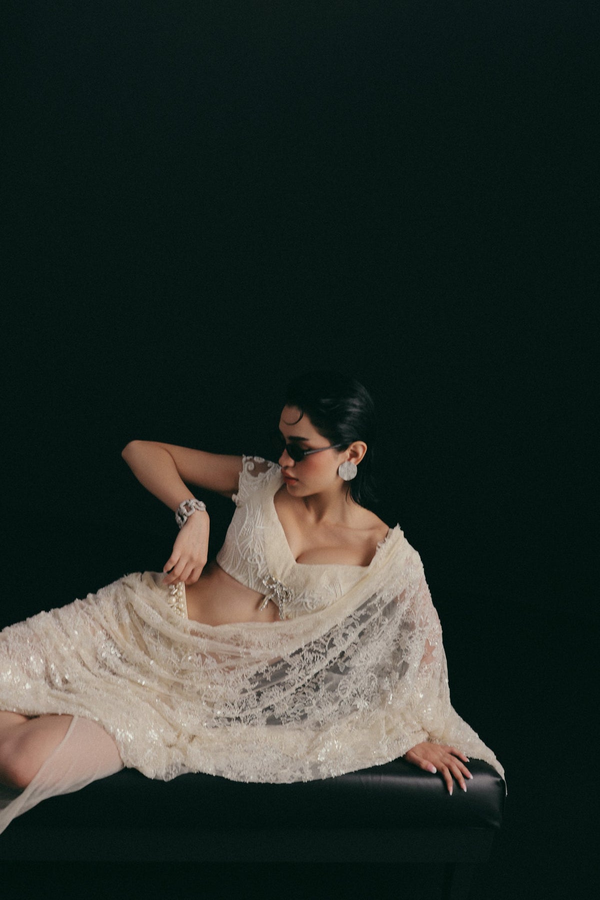 Art Deco Embroidery, Silk & French Lace, Stitched Sari Set, Draped Silhouette