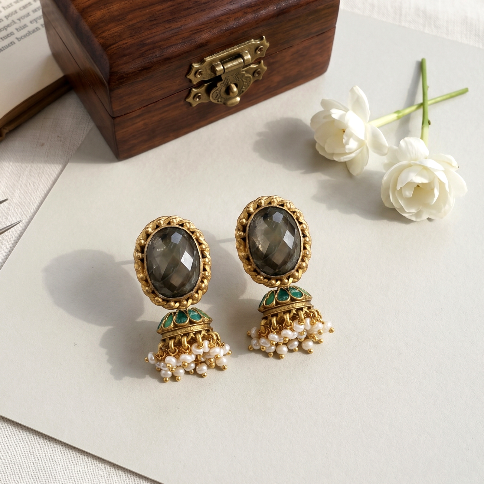 Sangeeta Boochra Gold Plated Labradorite Stone & Pearl Jhumka Earrings