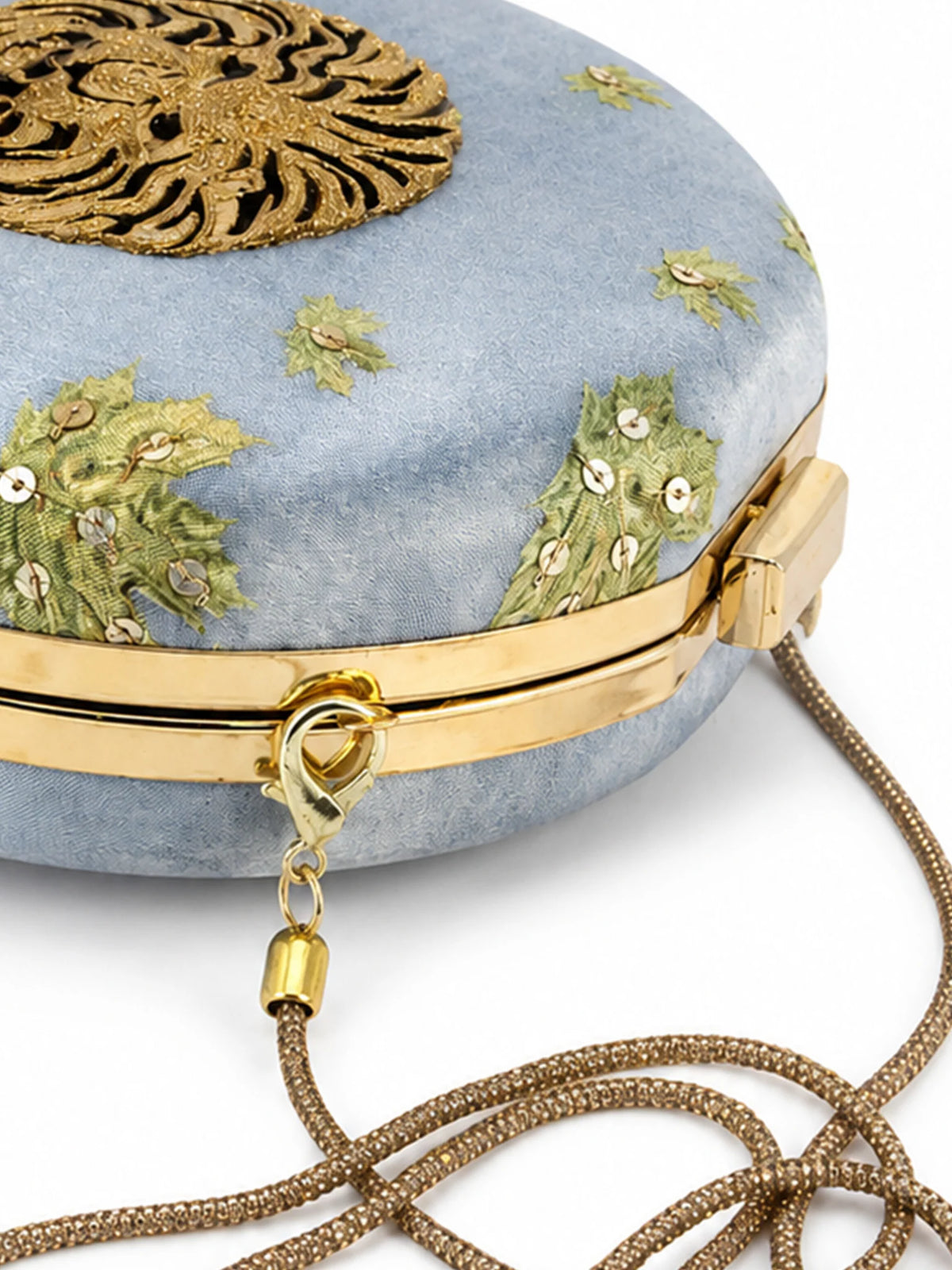 Grey Lion Motif Round Clutch Bag with Embroidered Botanical Detail