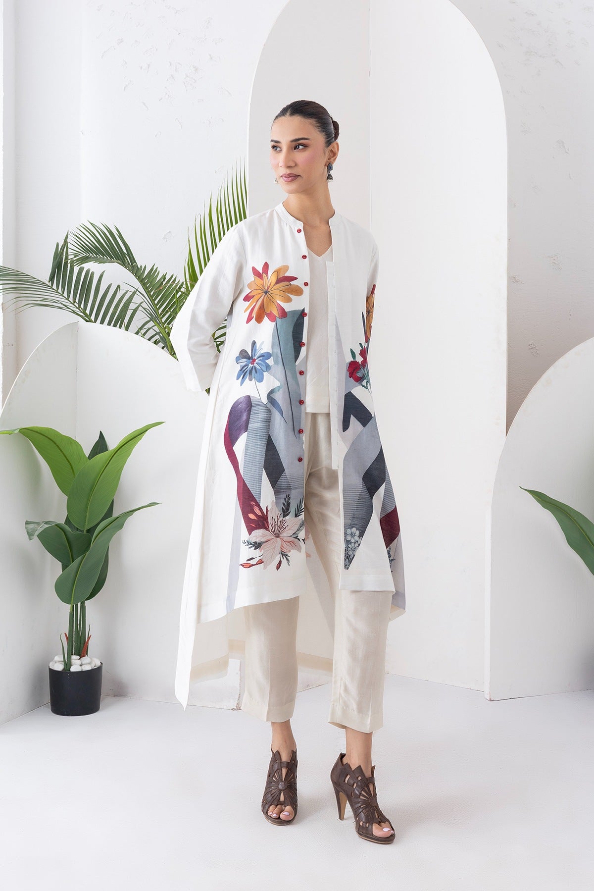 Ivory Silk Chanderi Printed High-Low Dress Set (3 PCS)