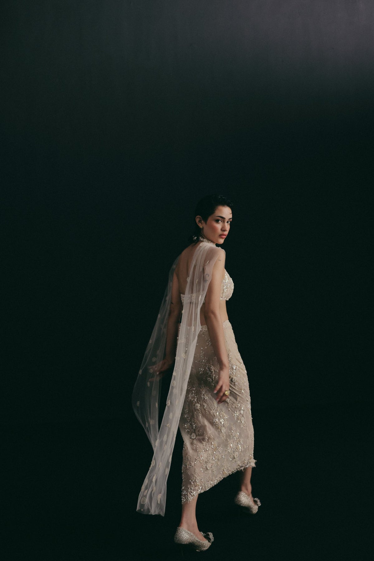 Oyster, Bugle Bead Embroidery, Vintage Lace & Tulle, Crop Skirt Set, Tea-Length Silhouette