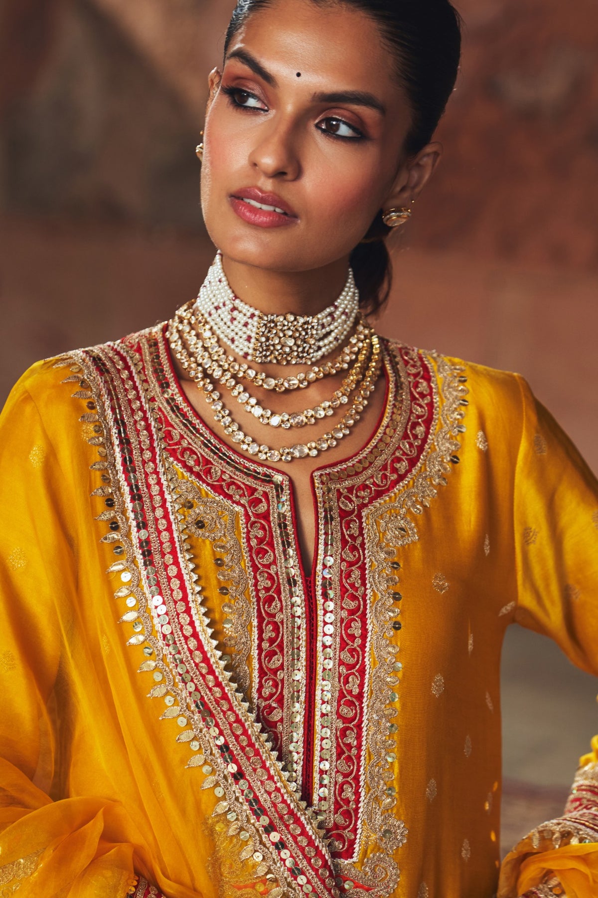 Mustard Long Kurta Set with Palazzo & Silk Organza Dupatta