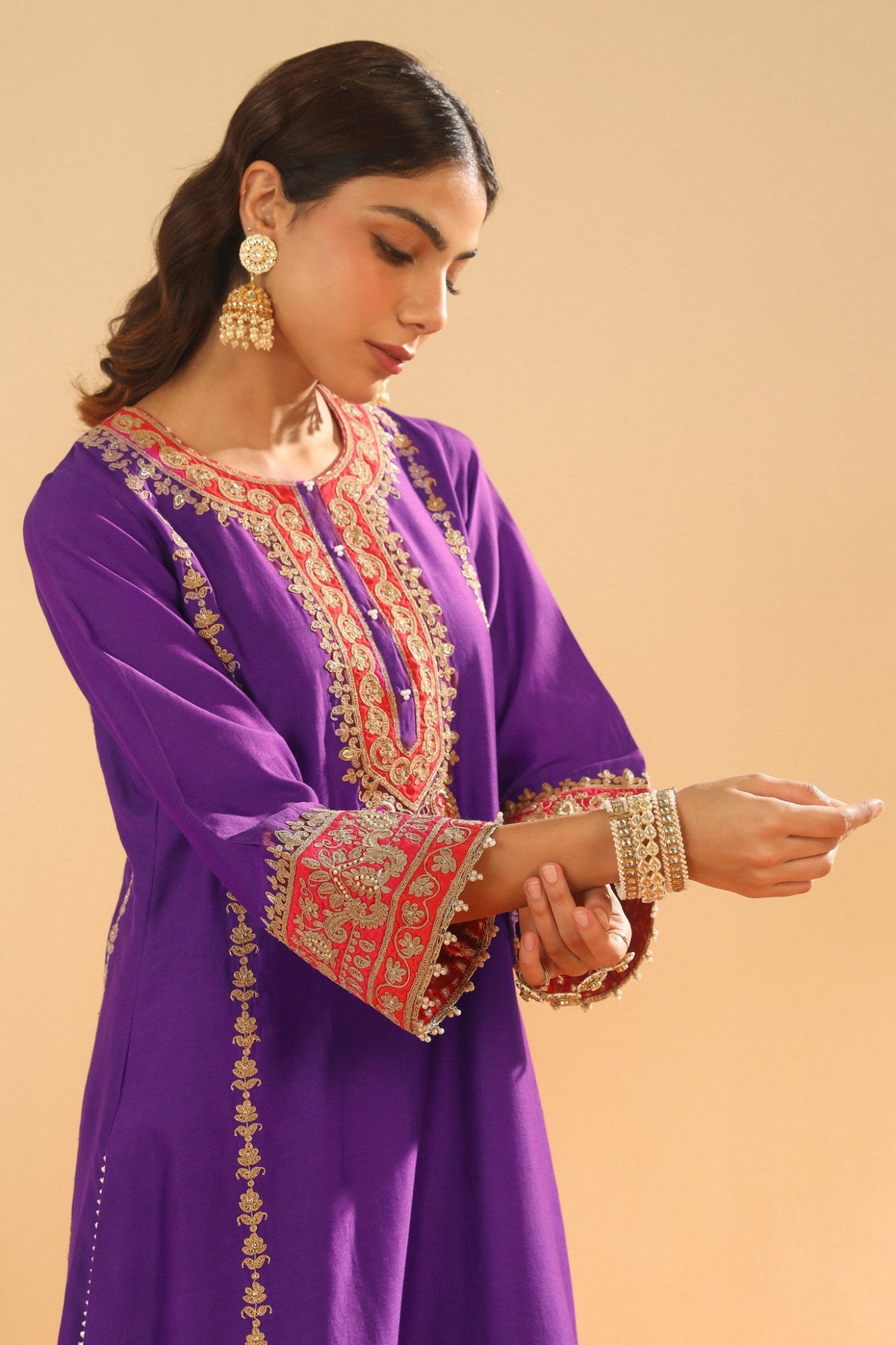 Maisha - Deep Purple Long A-line Kurta with Palazzo and Dupatta