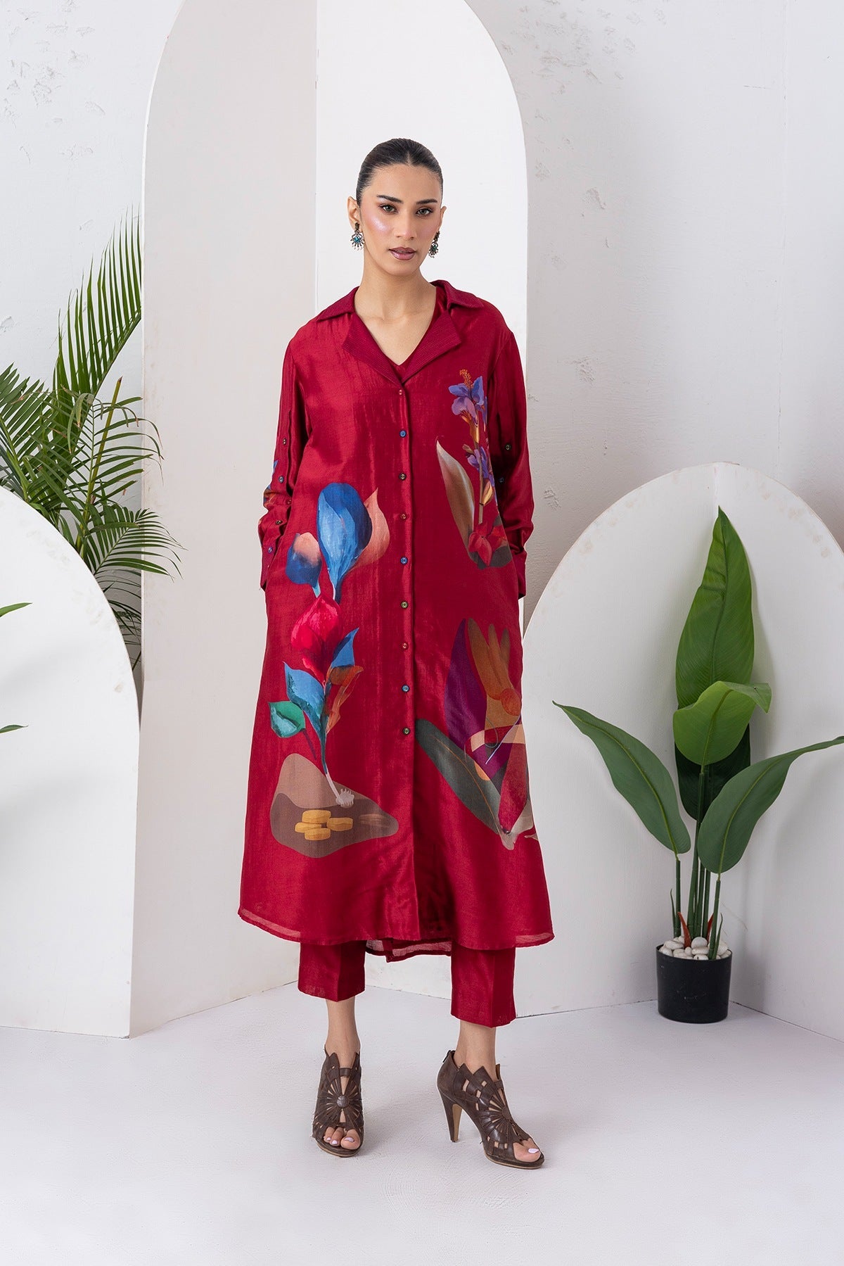 Red Viscose Dupion Printed Front Open Dress Set (3 PCS)