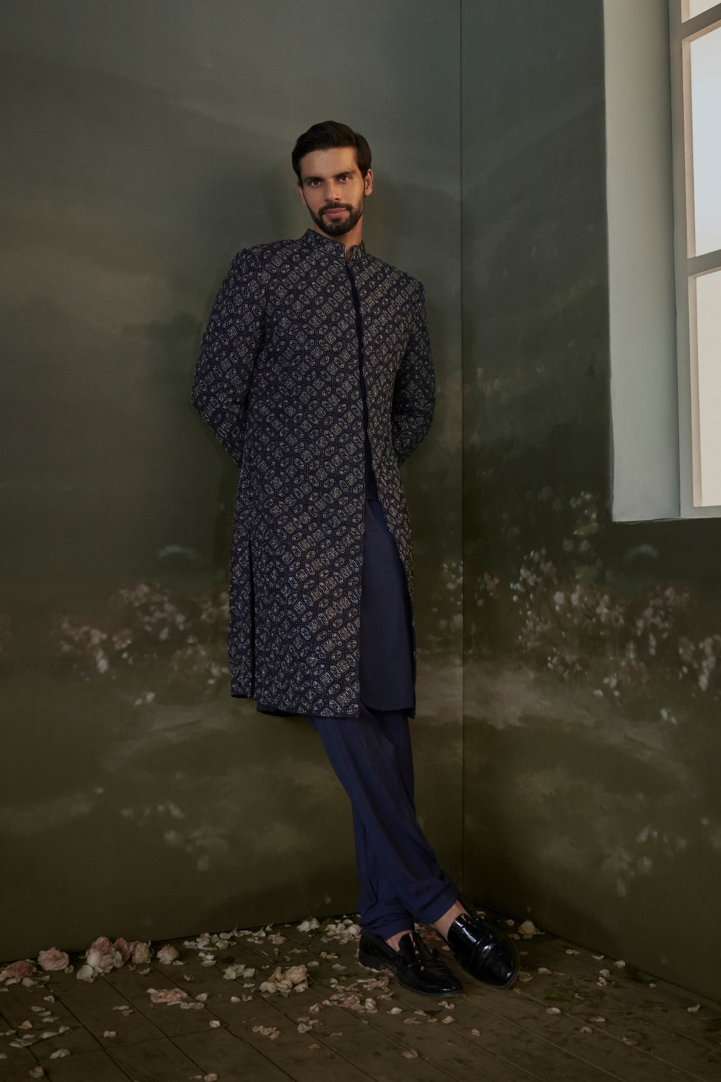 Navy Blue Raw Silk Embroidered Sherwani with Kurta & Churidar