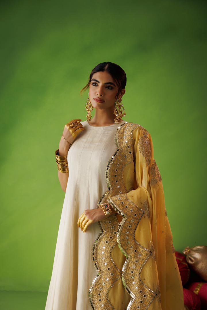 Beige tissue anarkali with yellow dupatta