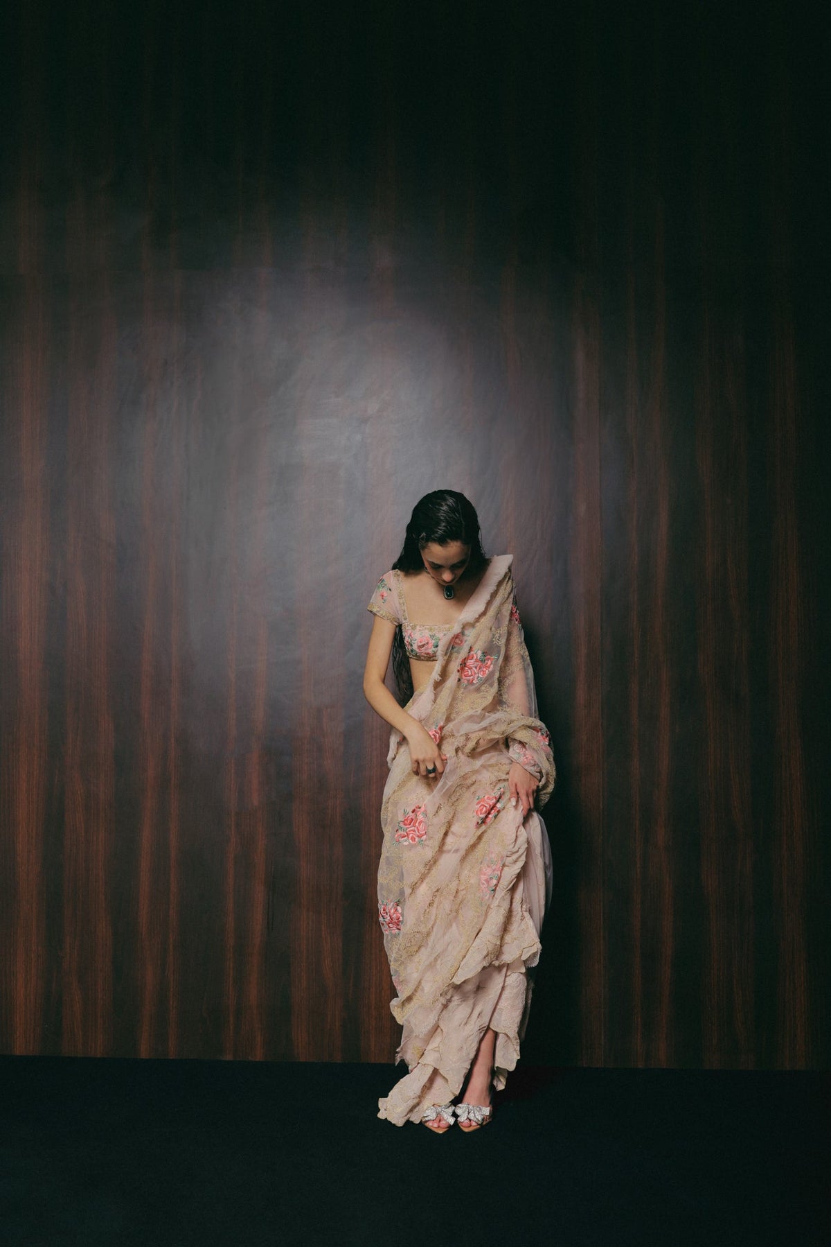 Floral & Zardosi Embroidery, Silk Georgette & Tulle with French Lace, Stitched Saree Set, Blouse Silhouette