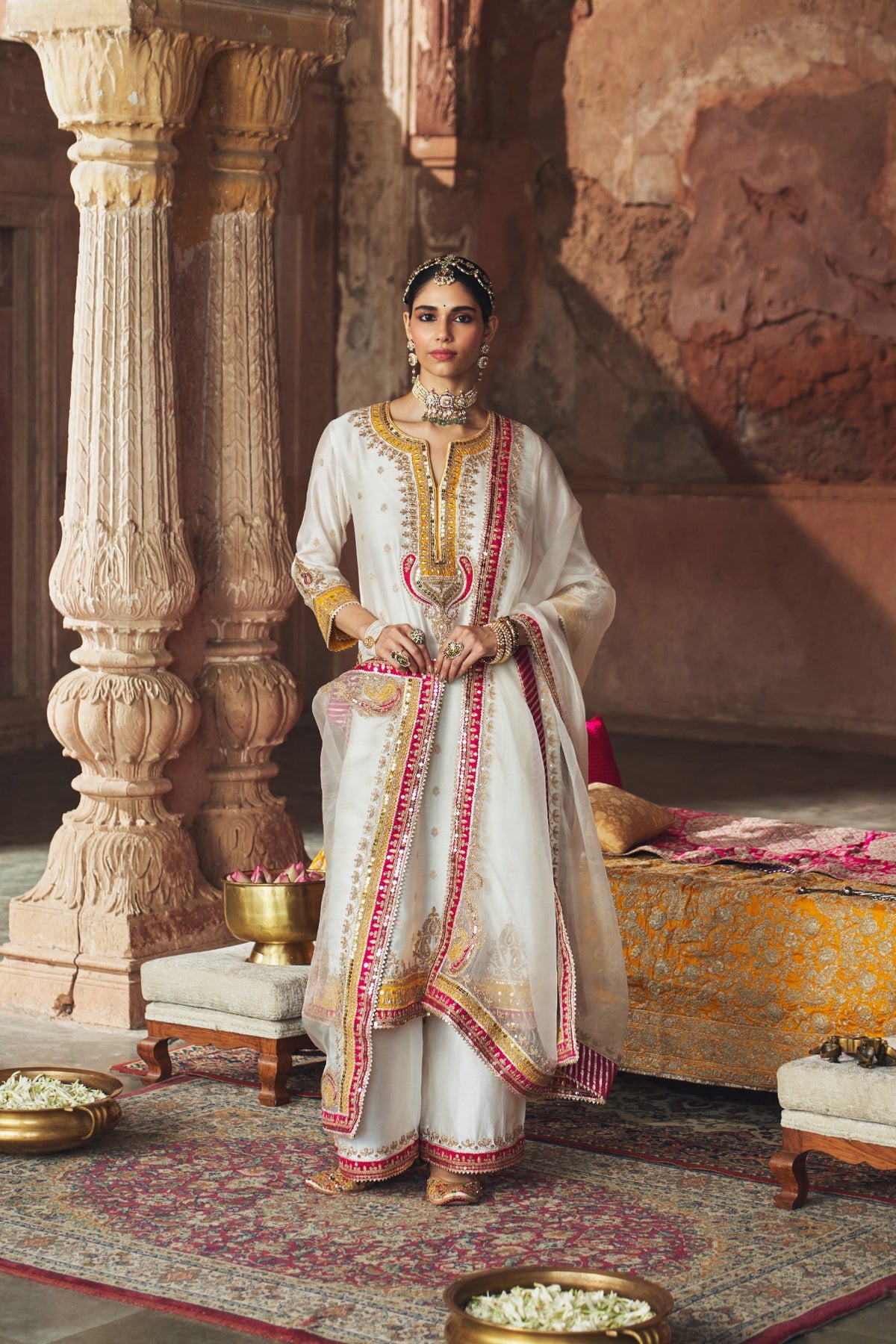 Daisy Ivory Embroidered Long Kurta Palazzo Set with Dupatta