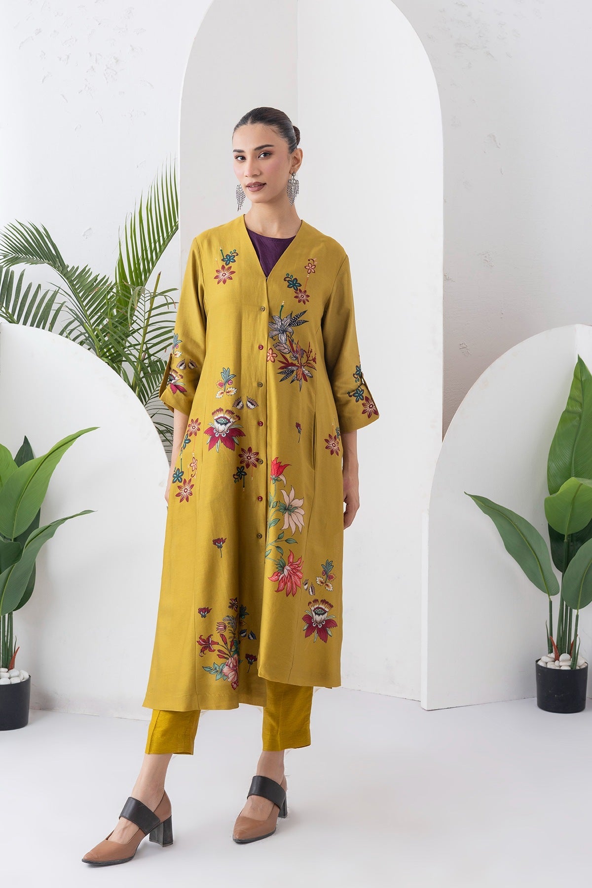 Mustard Silk Chanderi Printed High-Low Dress Set (3 PCS)