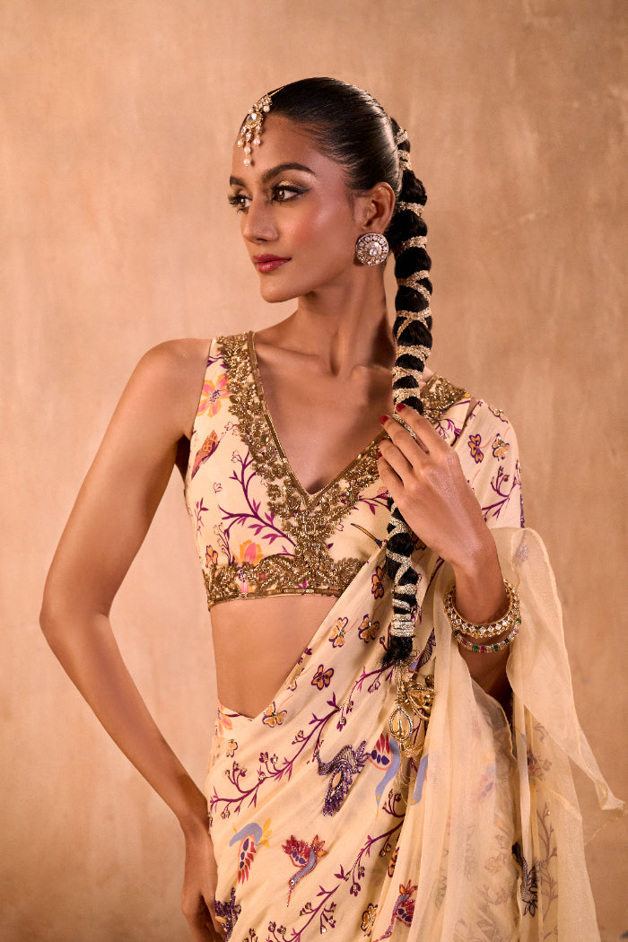 IVORY PRINT EMBROIDERED CHOLI WITH PRE DRAPED RUFFLE SARI SET - image 6