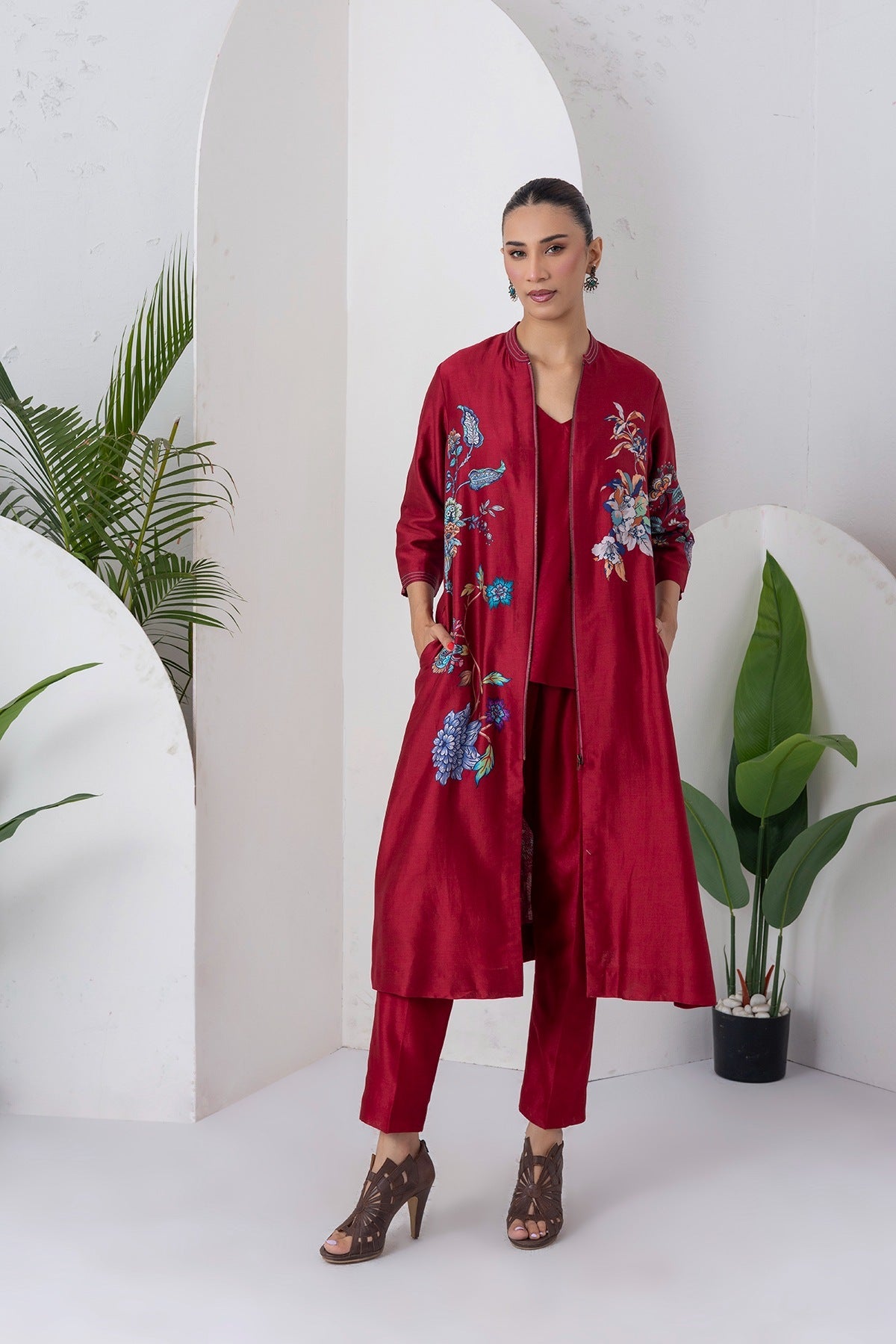 Maroon Silk Chanderi Floral Printed Front Open Dress Set (3 PCS)