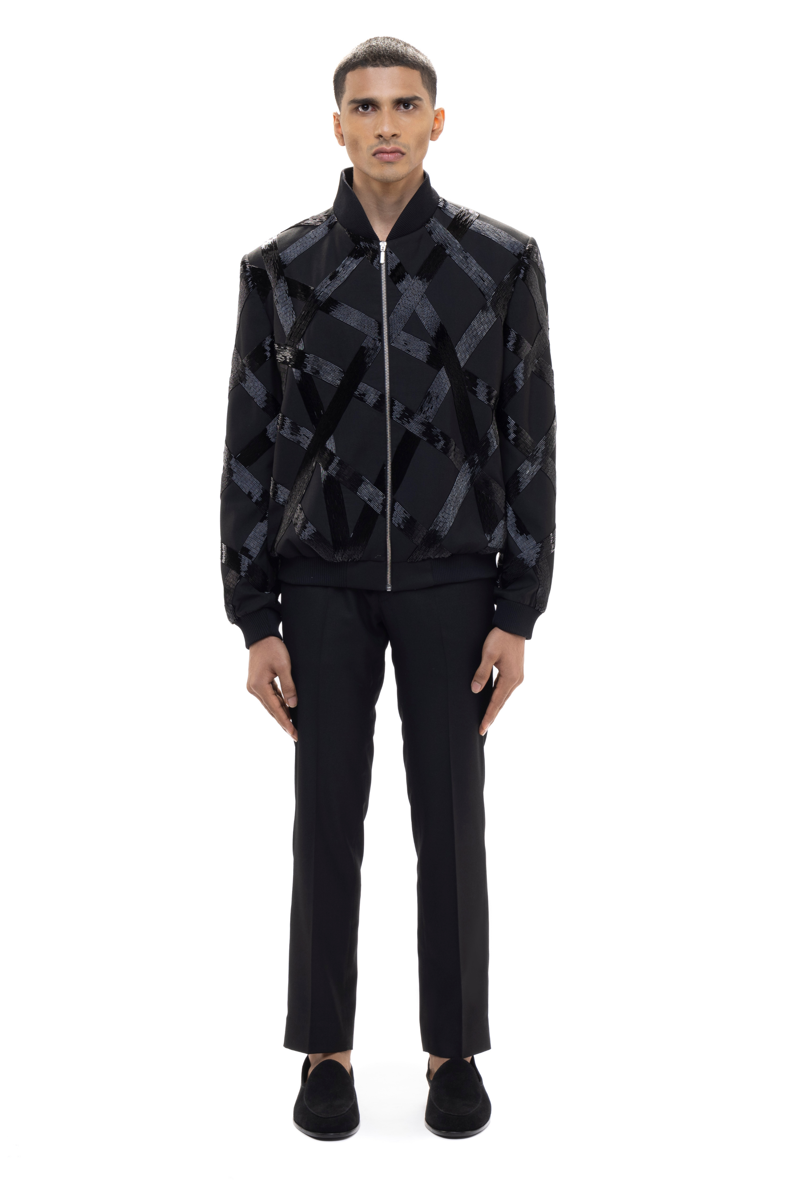 Black Metallic Worsted Wool Embroidered Bomber Jacket