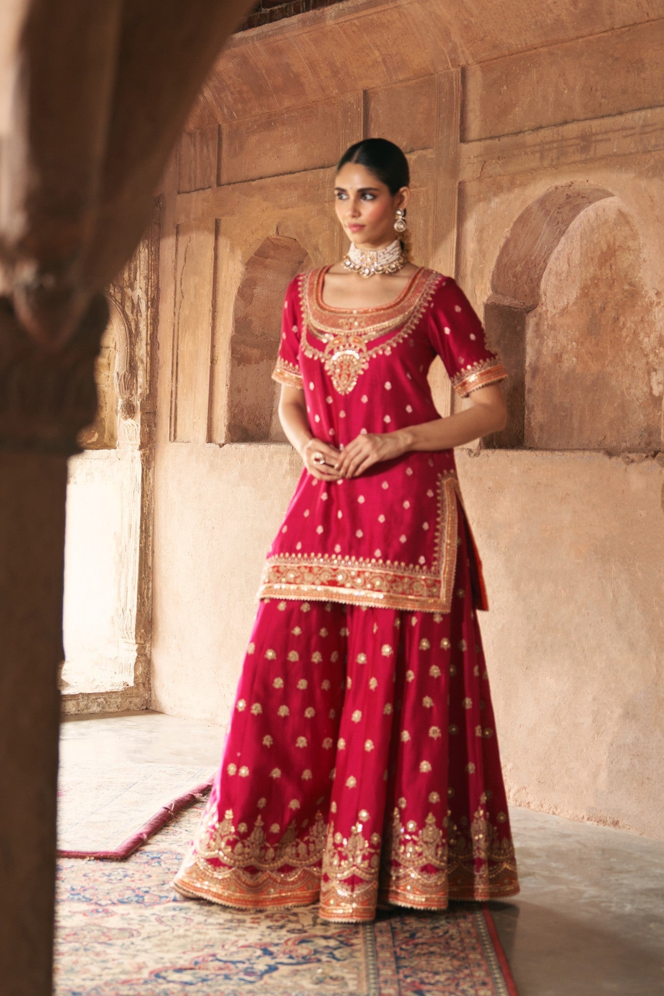 SAMREEN - HOTPINK SHORT KURTA WITH SHARARA AND DUPATTA