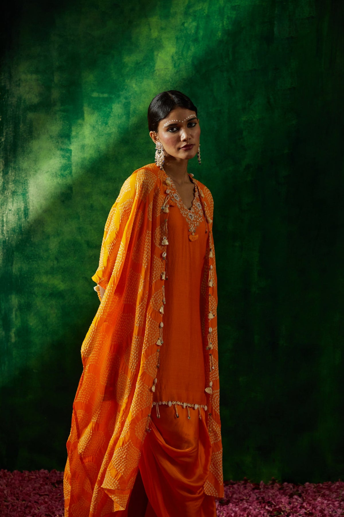 Bandhni cape set with chanderi kurta and dhoti skirt