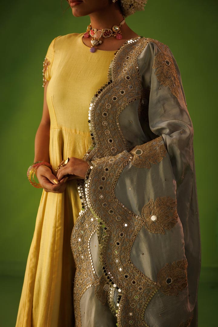 Powder blue and yellow reversible anarkali set with blue dupatta