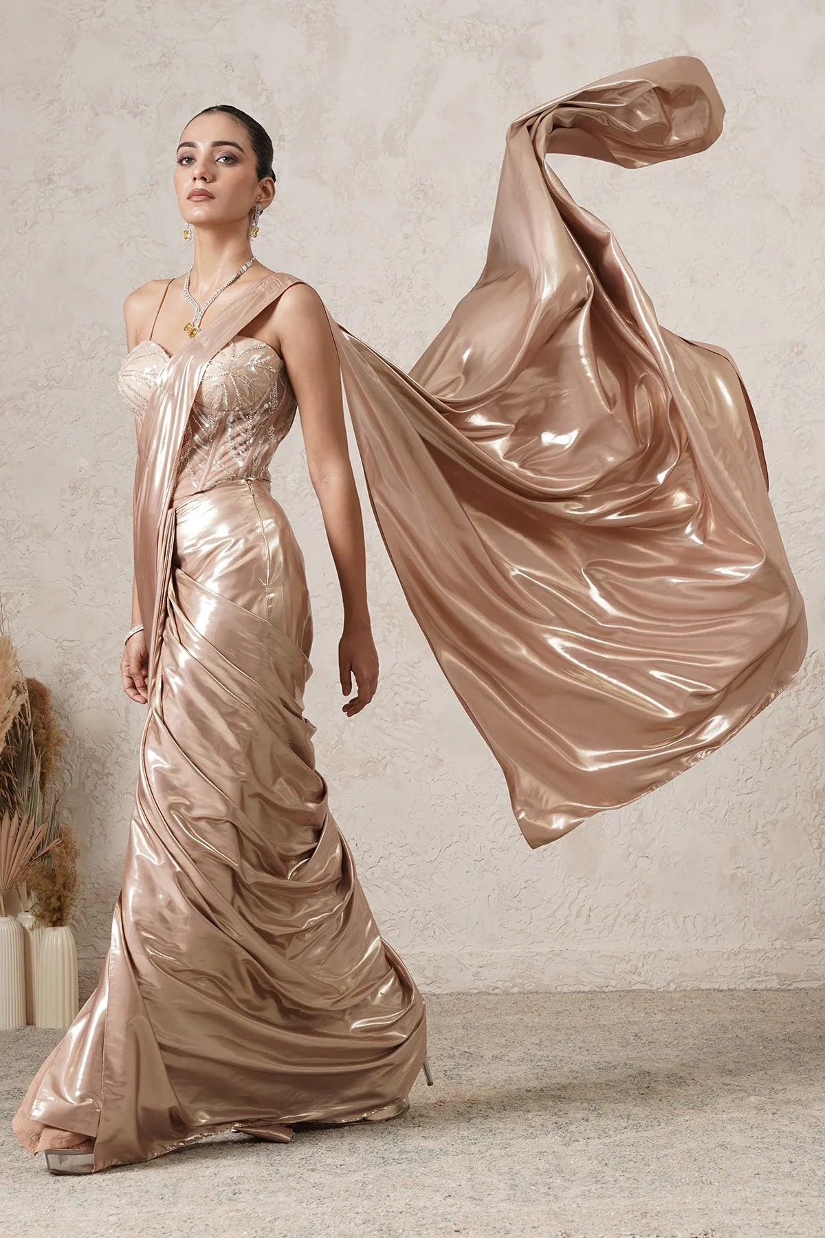 Sunehri Pre-Draped Saree with Hand-Embroidered Corset Blouse | Beige Gold | Women | THETAA