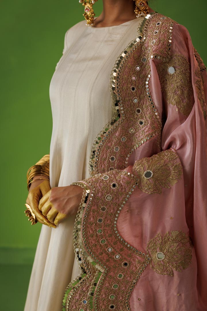 Beige tissue anarkali with pink dupatta