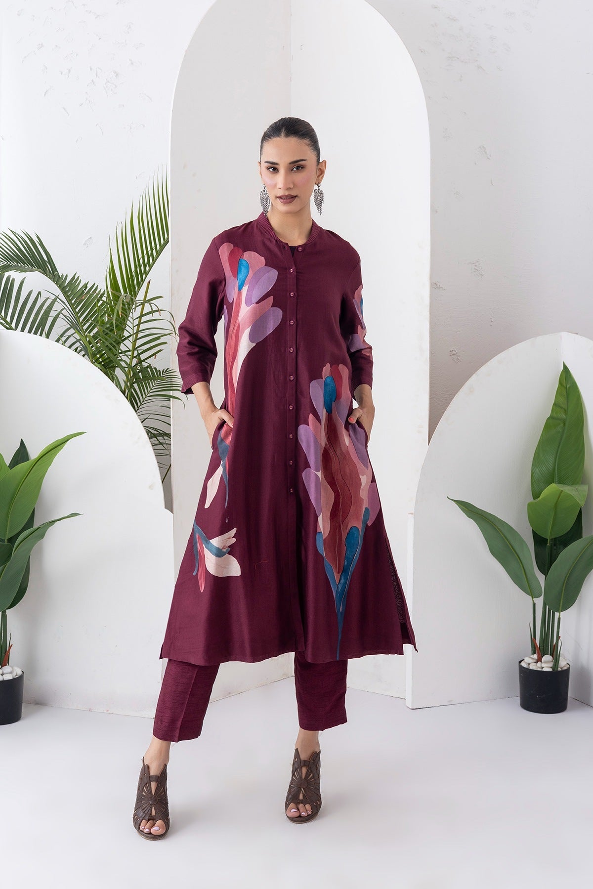 Chocolate Brown Silk Chanderi Printed Dress Set (3 PCS)