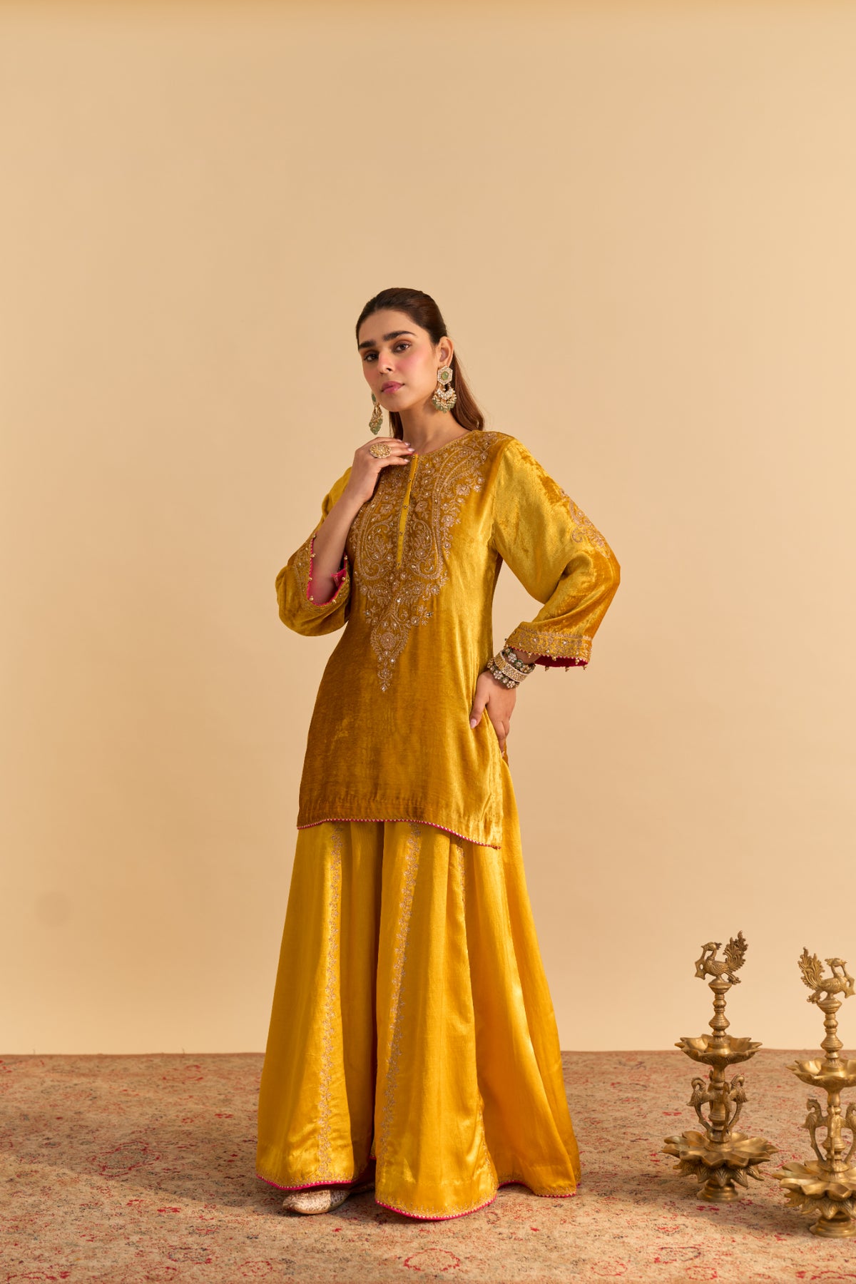 Mustard Velvet Kurta with Sharara Set for Festive Weddings