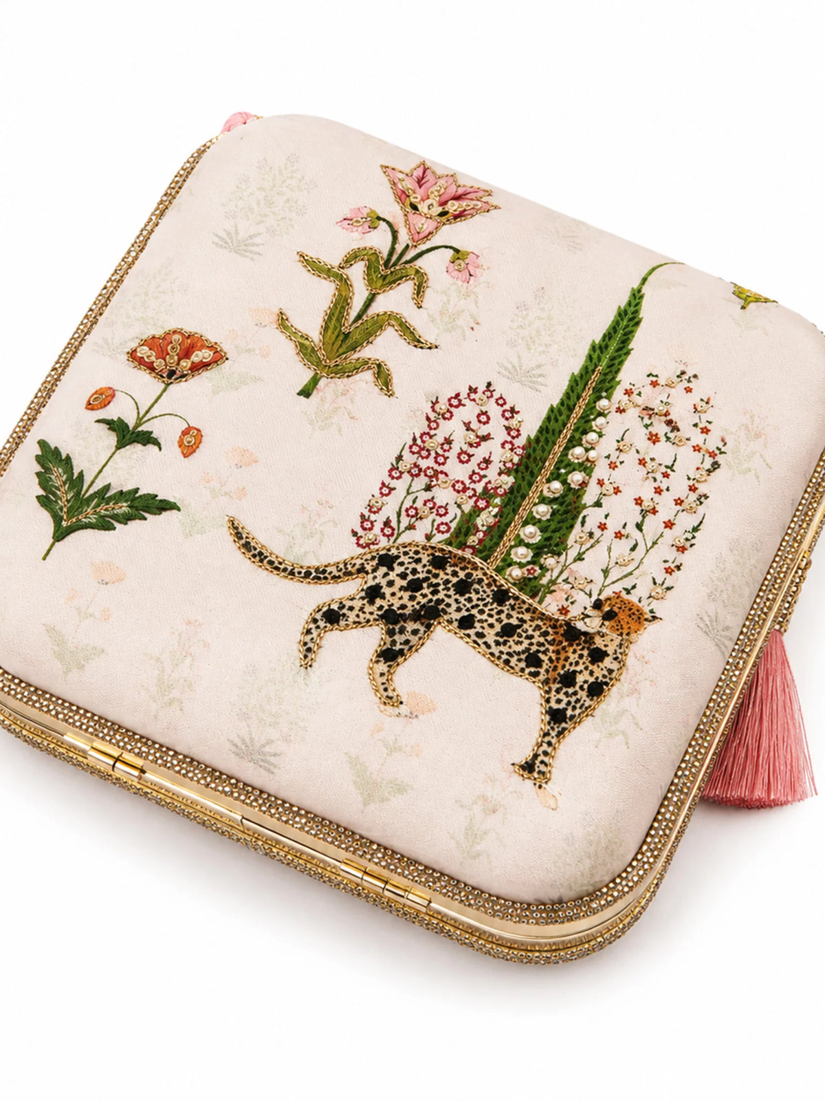 Pink Leopard Print Clutch Bag with Floral Embroidery & Pink Tassels