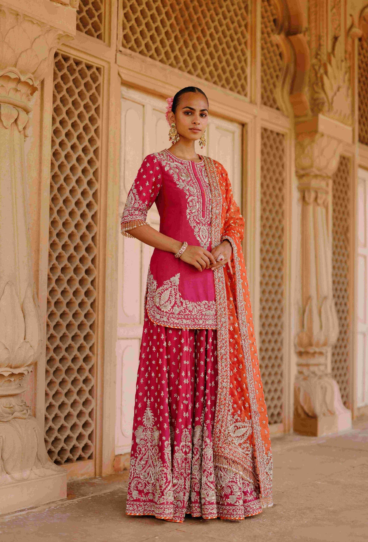 Hot Pink Embroidered Kurta Sharara Set with Organza Dupatta