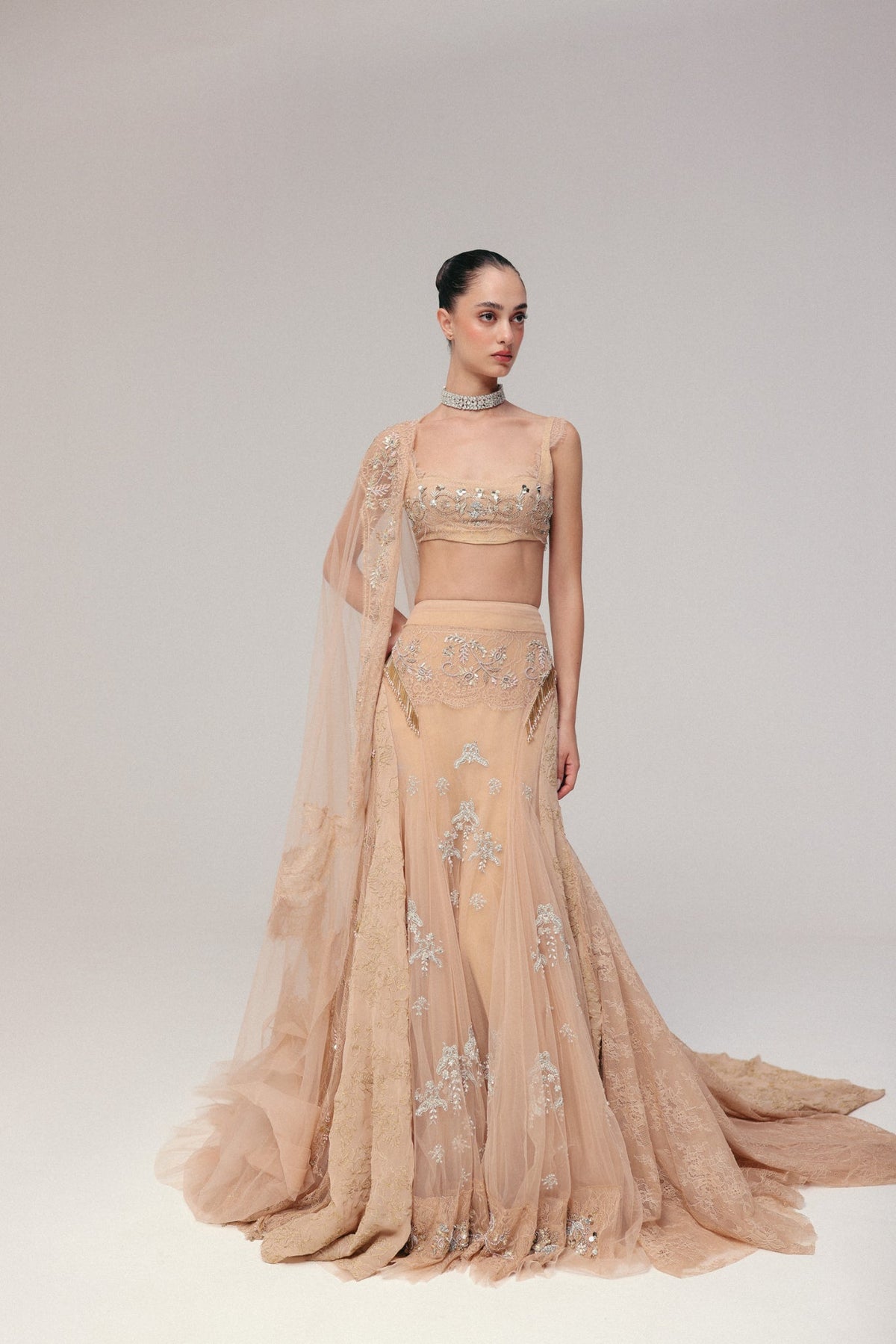 Beaded & Zardosi Embroidery, Soft Tulle & Pure Georgette with Lace, Skirt Set, Lace Blouse Silhouette