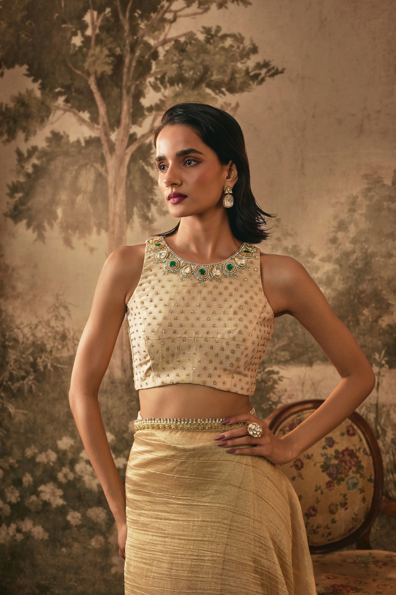 Champagne Gold Metallic pre-pleated Tissue Saree Set