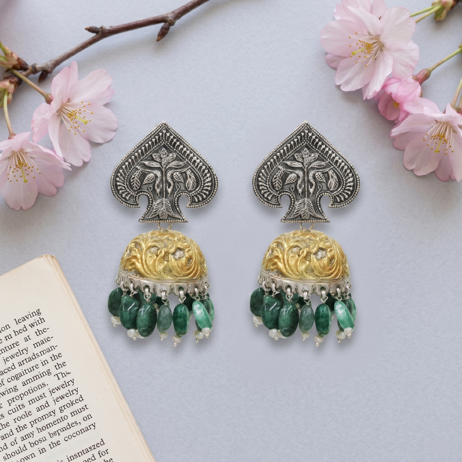 Sangeeta Boochra Dual Tone Green Bead Jhumka Earrings
