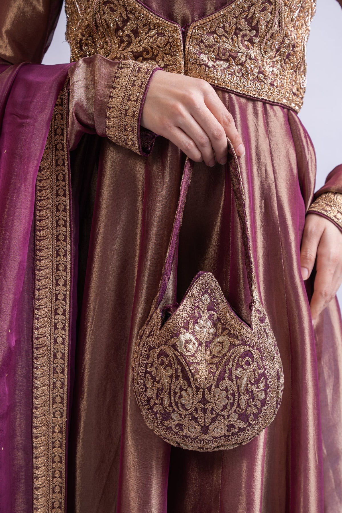 Royal Purple Tissue Silk Anarkali with Embroidered Jacket, Dupatta & Potli