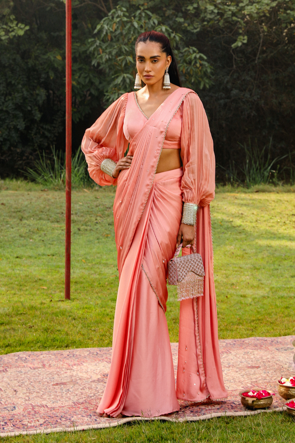 Ayesha Peach Pre-Stitched Drape Saree with Princess Sleeve Blouse