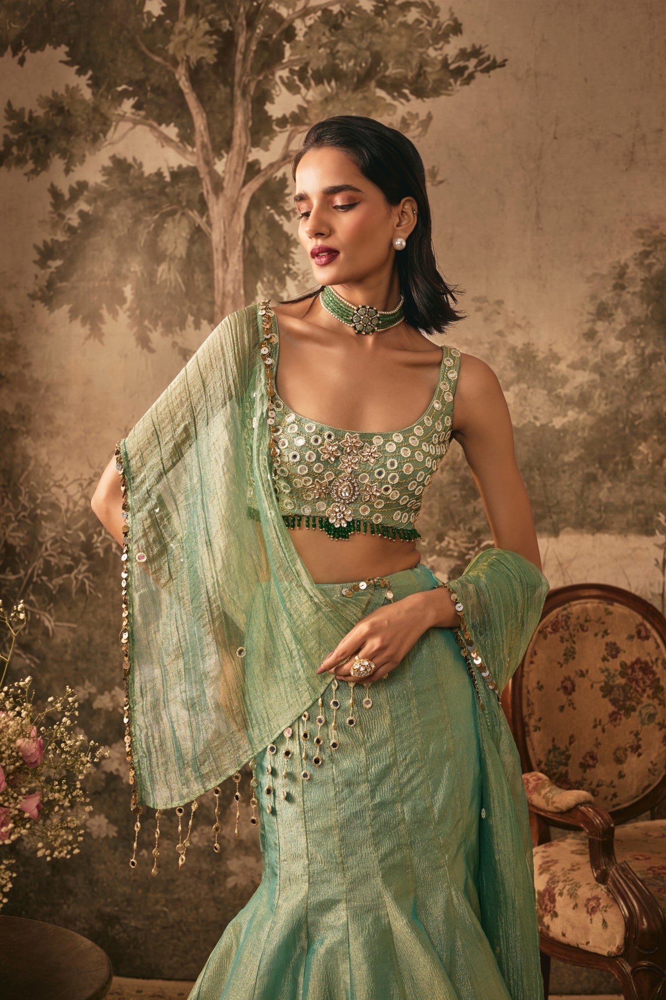 TISSUE,MIRROR AND JEWEL EMBROIDERED LEHENGA SET