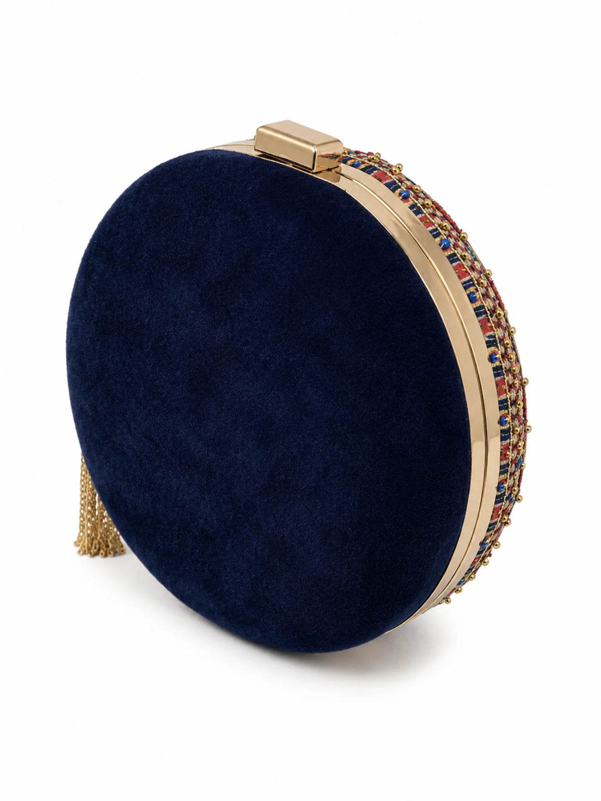 Navy Blue Mandala Embellished Round Clutch Bag with Gold Tassel