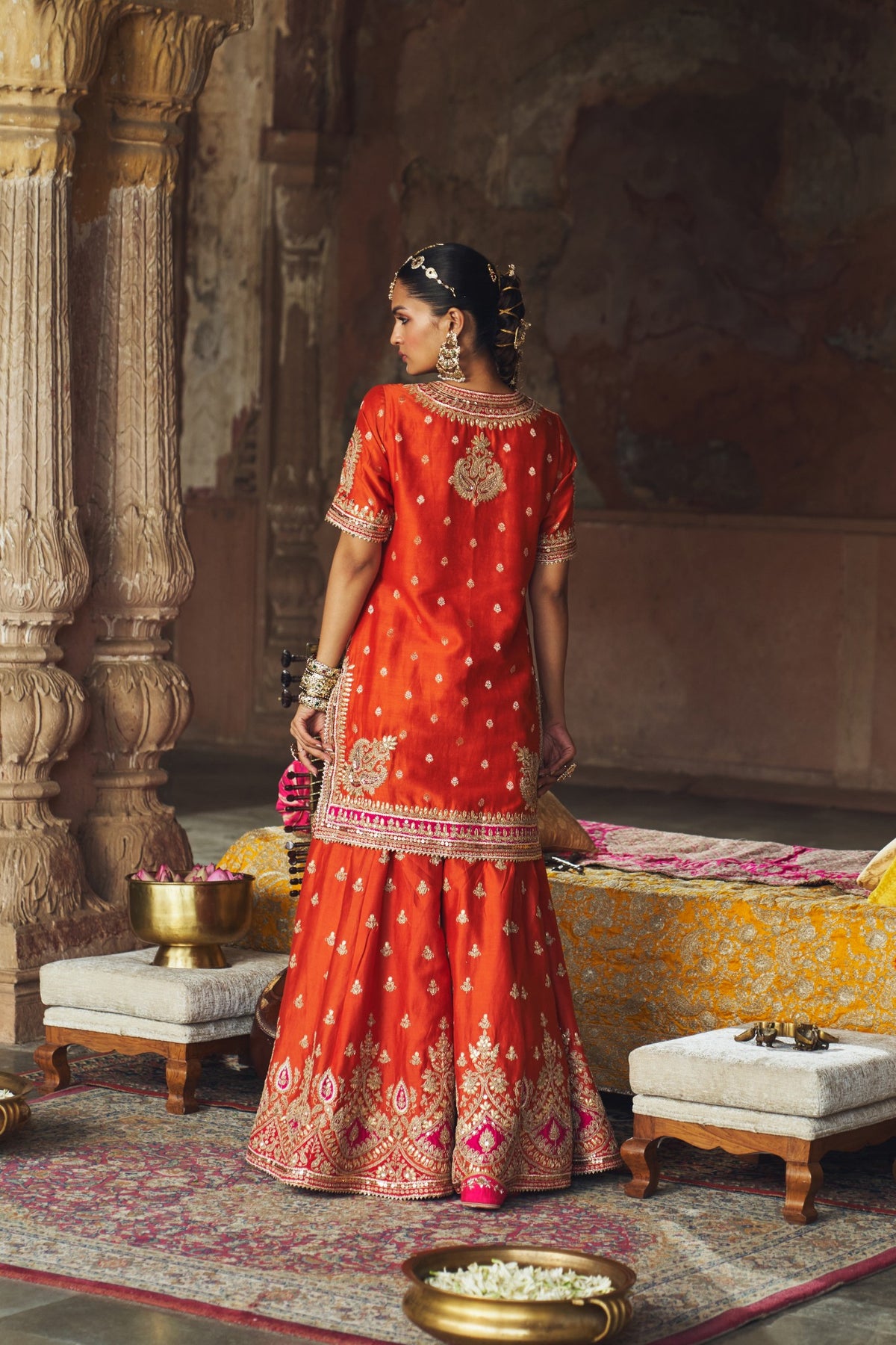 Burnt Orange Banarasi Short Kurta Sharara Set with Dupatta