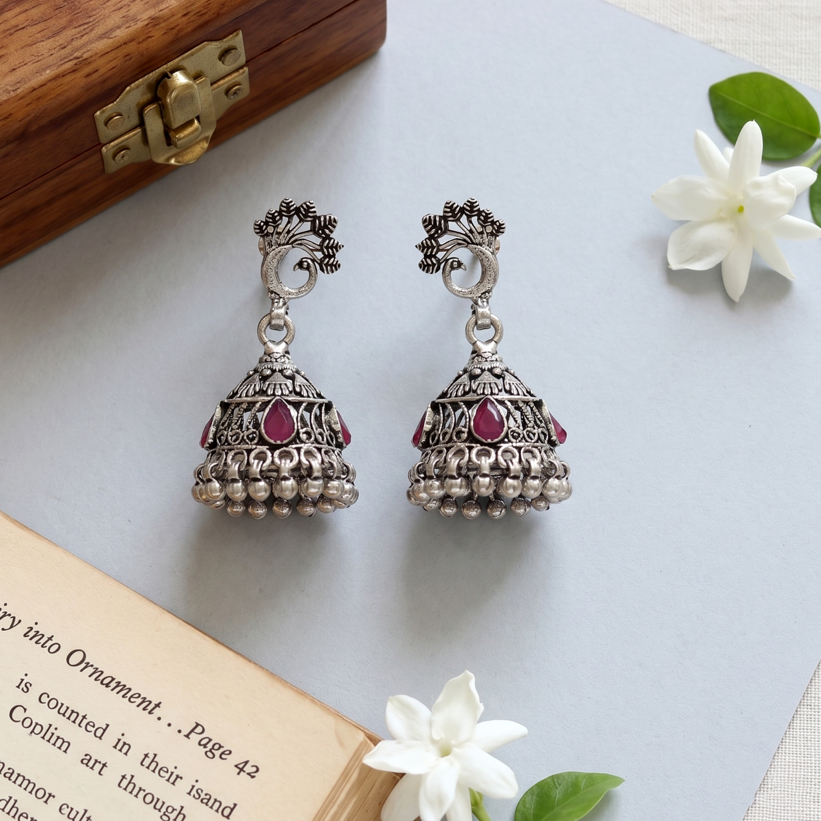 Sangeeta Boochra Vintage Peacock Motif Oxidised Silver Statement Earrings