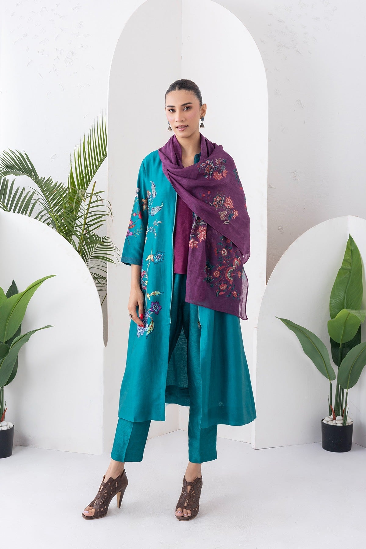 Emerald Silk Chanderi Floral Printed Front-Zip Dress Set (3 PCS)