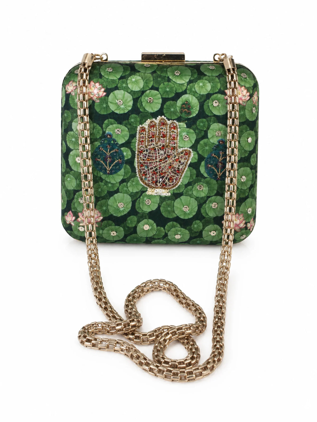 Green Lotus Pond Print Clutch Bag with Embroidered Jewel Palm & Gold Chain