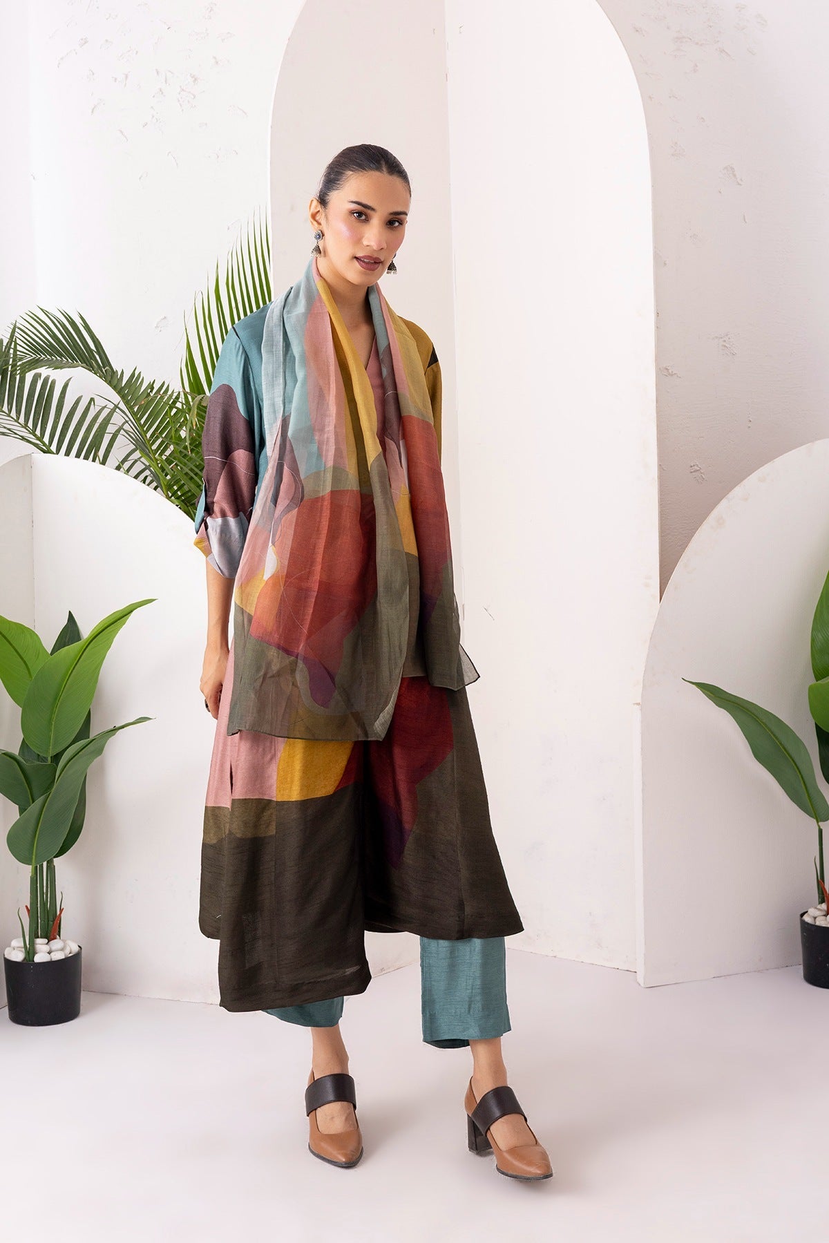 Multicoloured Viscose Dupion Printed Dress Set (2 PCS)