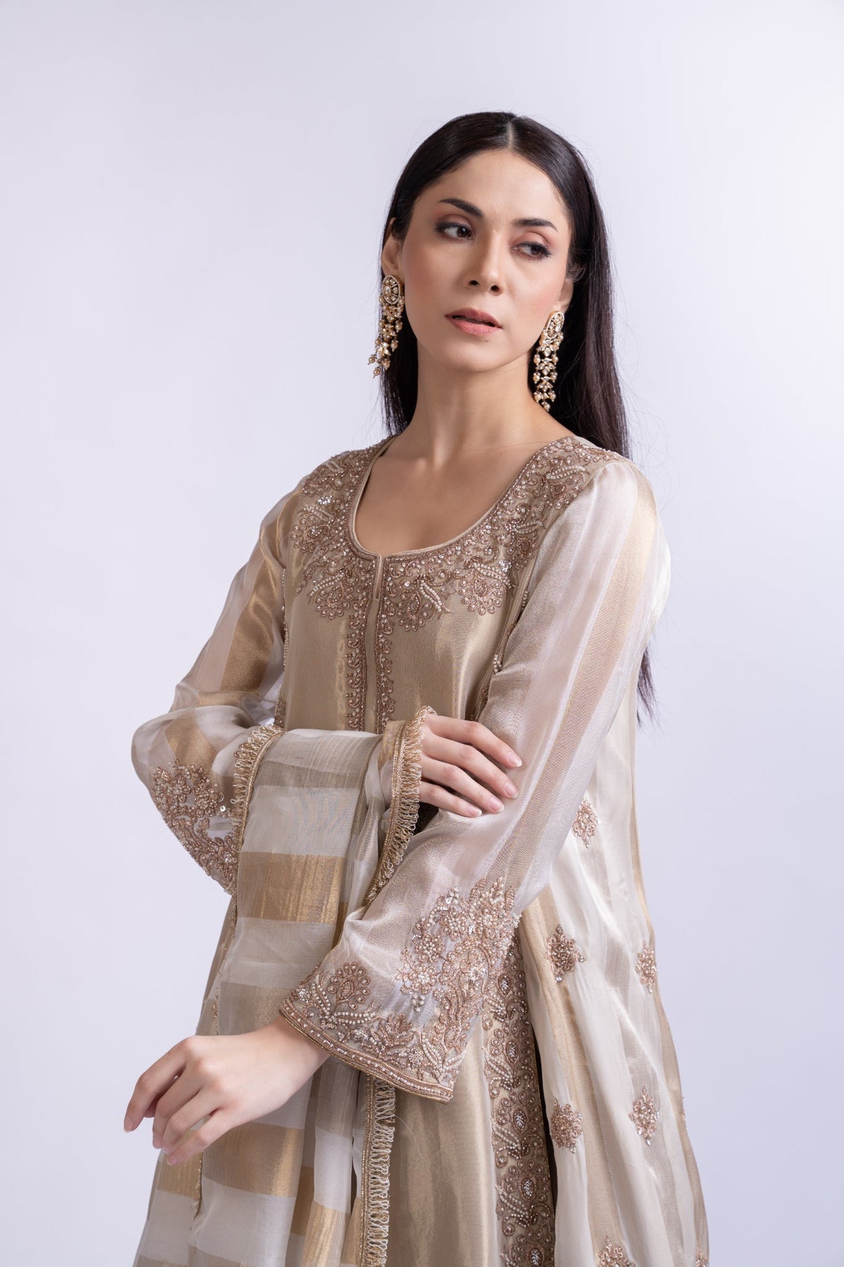 Golden Brown Embroidered Tissue Silk Sharara Set