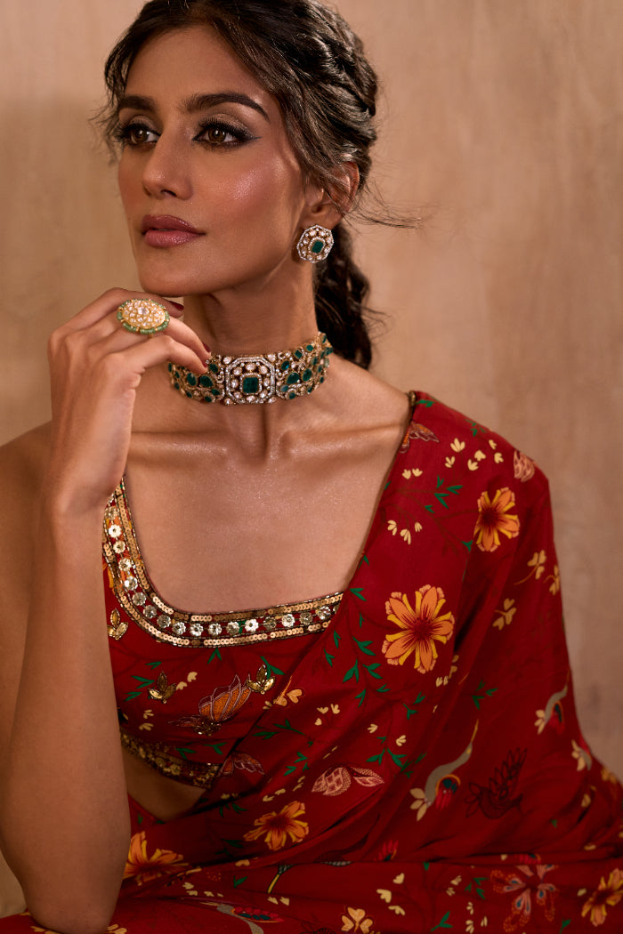 RED PRINT EMBROIDERED CHOLI WITH PRE-DRAPED SARI SET - image 6