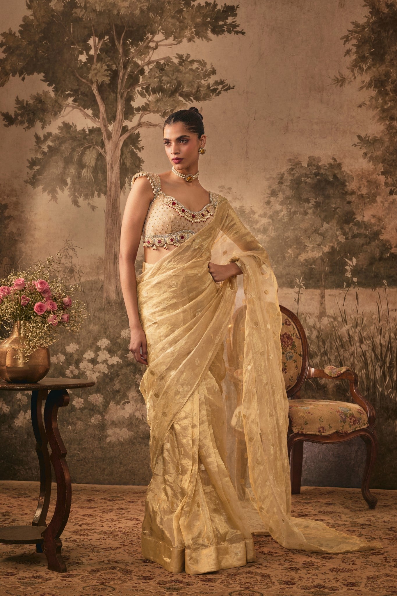 Champagne Gold Tissue silk pre -draped Saree with Embellished Blouse