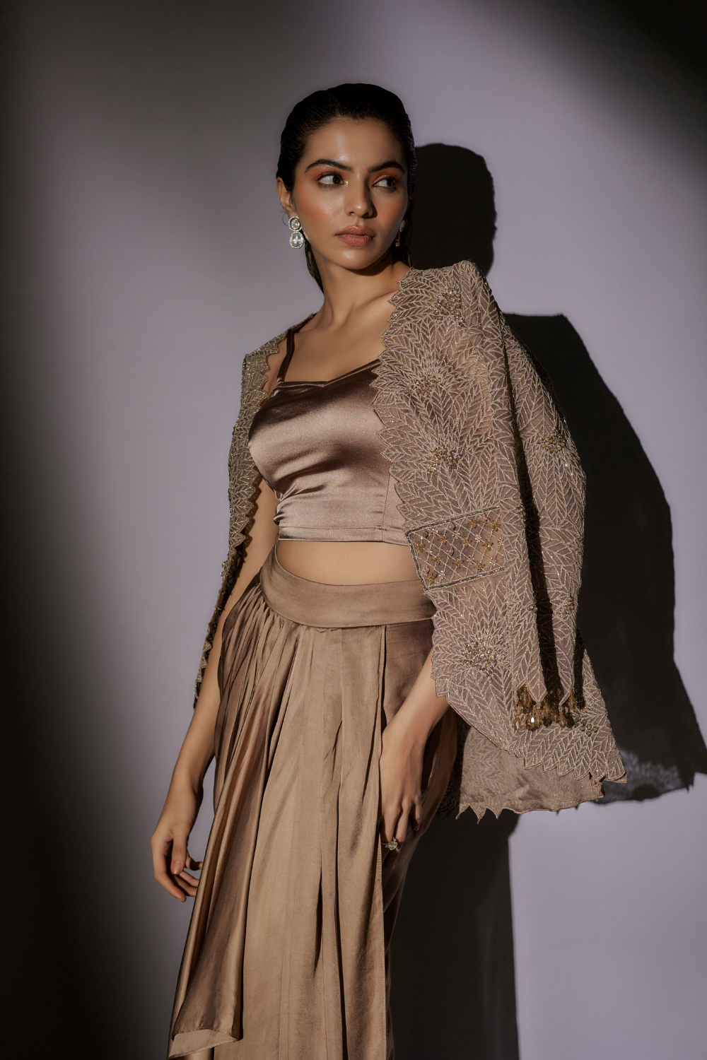 Nia Cape Set - Embroidered Badla Jacket with Fluid Lycra Satin Skirt