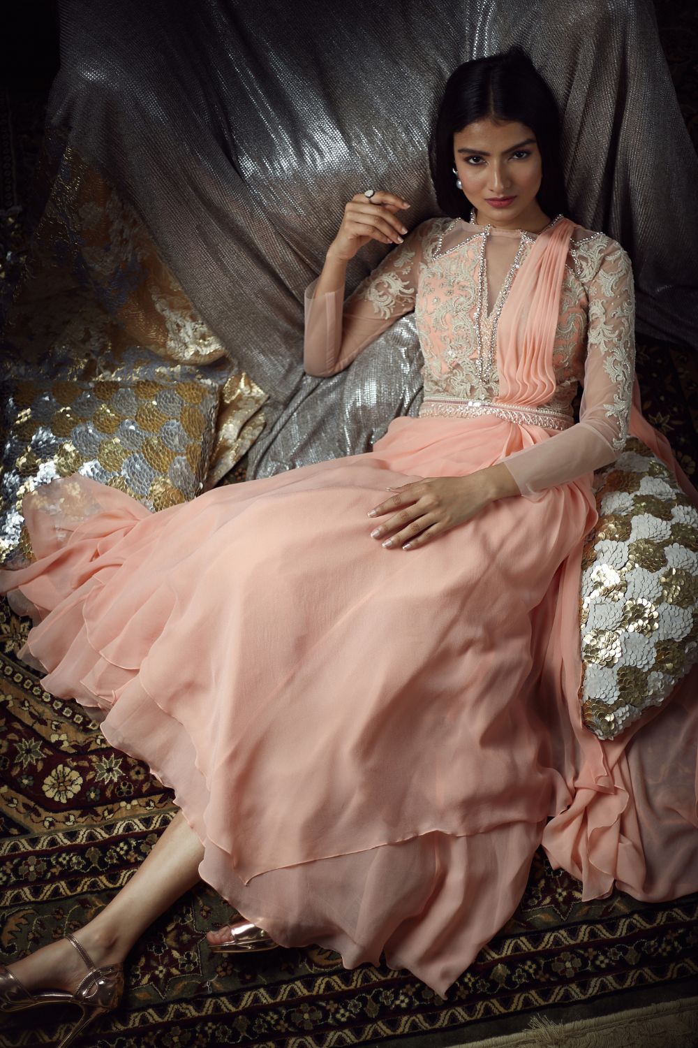 Peach Drape Dori Embroidered Saree