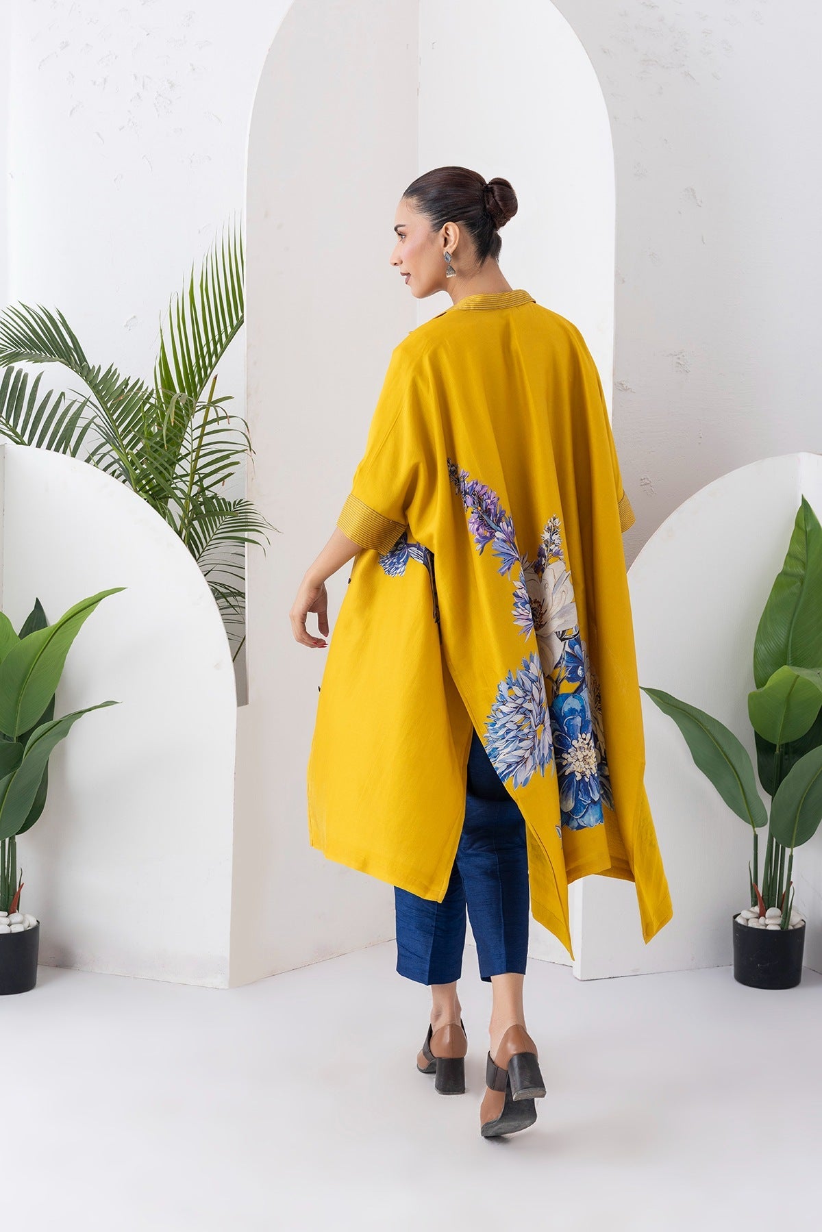 Yellow Silk Chanderi Front Open Kaftan Style Printed Dress Set (3 PCS)