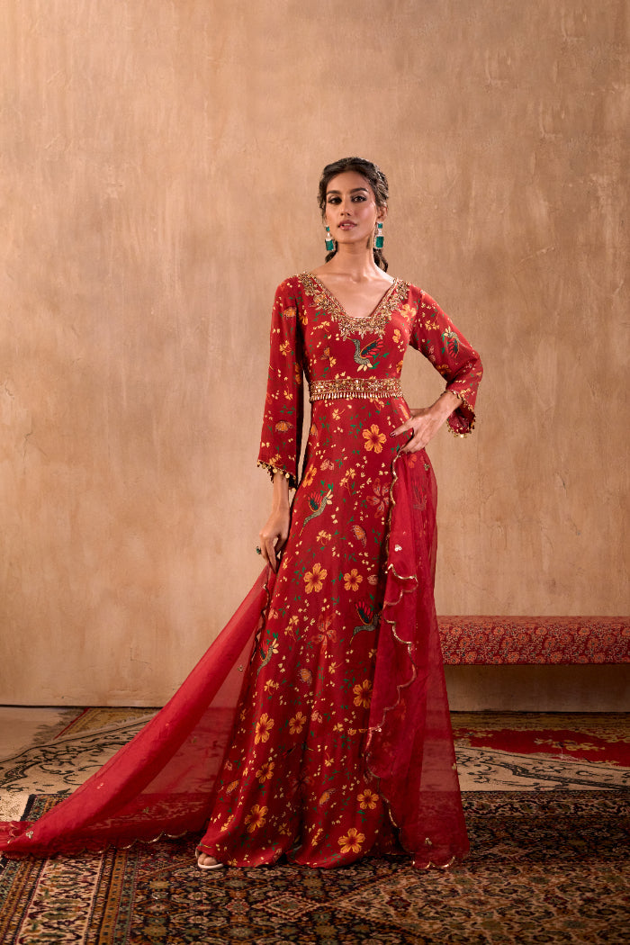 RED PRINT EMBROIDERED ANARKALI WITH DUPATTA AND BELT SET - image 6