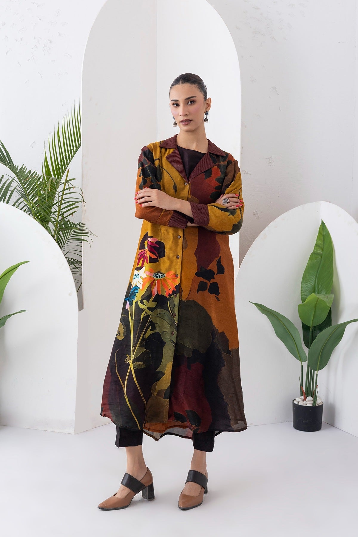 Mustard & Brown Viscose Dupion Printed Front Open Dress Set (3 PCS)