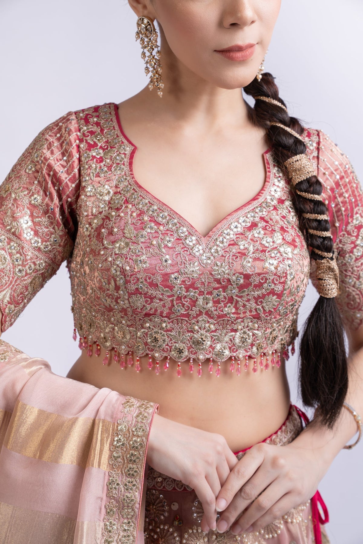 Rani Pink Luxe Tissue Silk Embroidered Lehenga Set with Dupatta