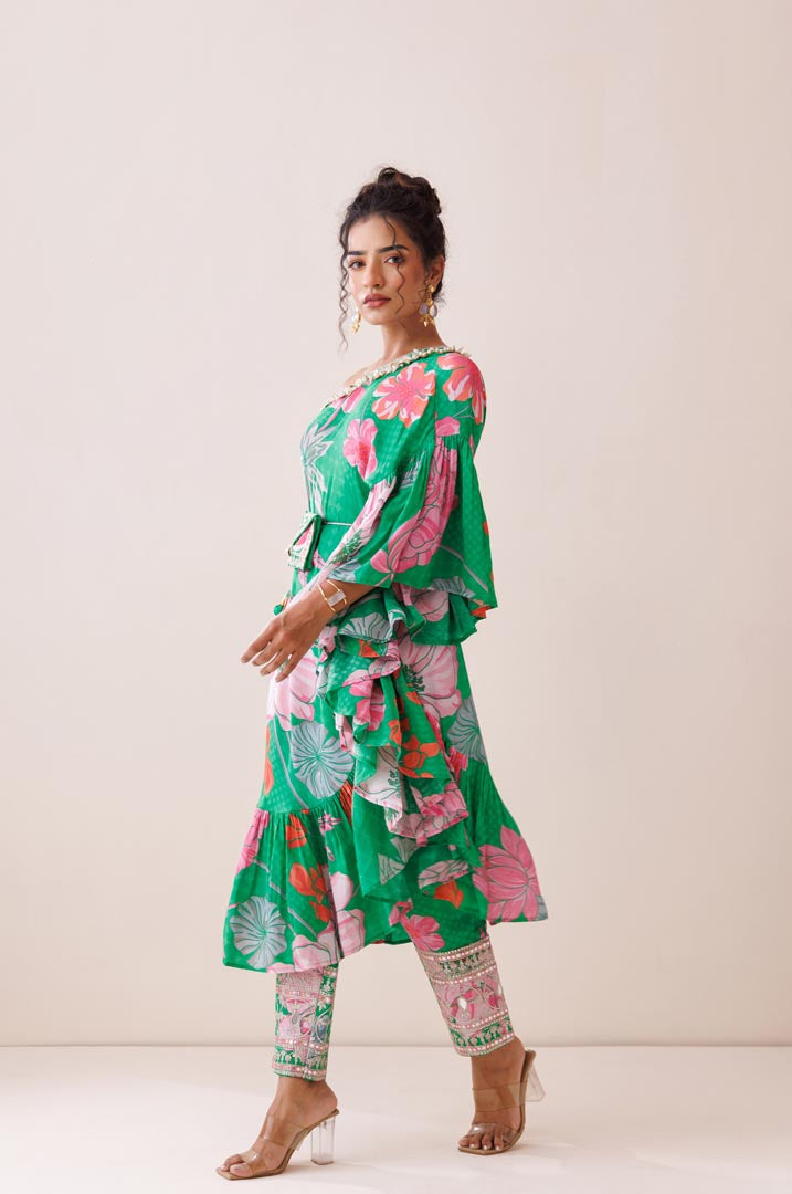 Green one- shoulder co- ord set