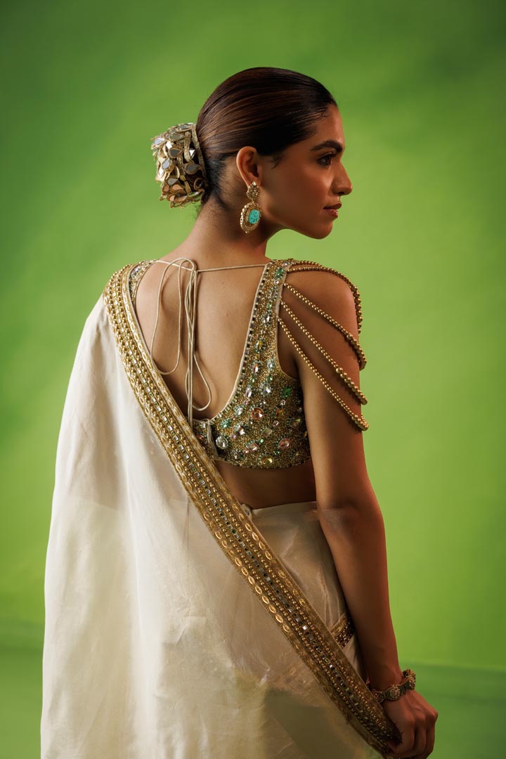 Beige tissue stone embellished saree set