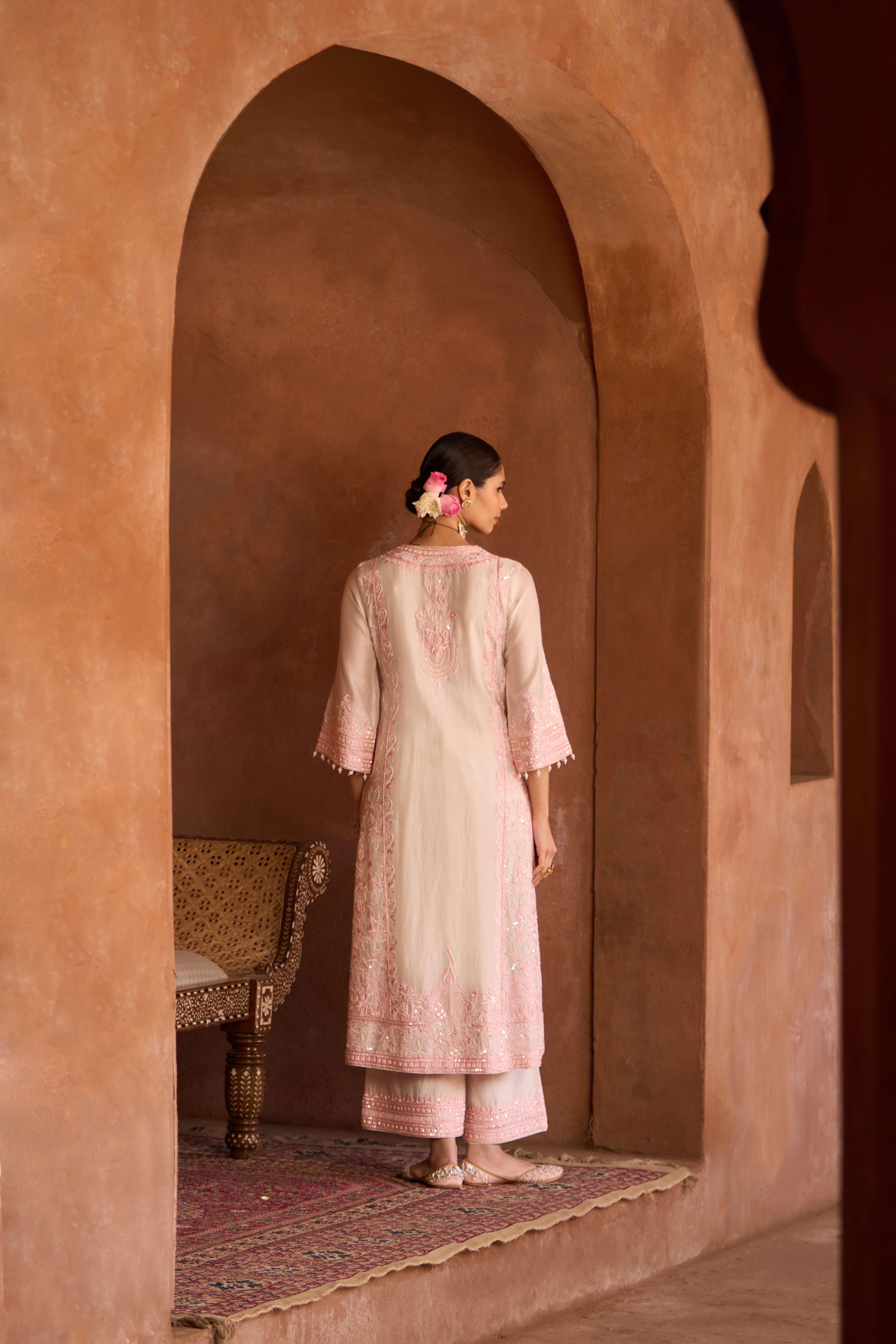 ENA - DAISY IVORY WITH PINK LONG A-LINE KURTA WITH PALAZZO AND DUPATTA